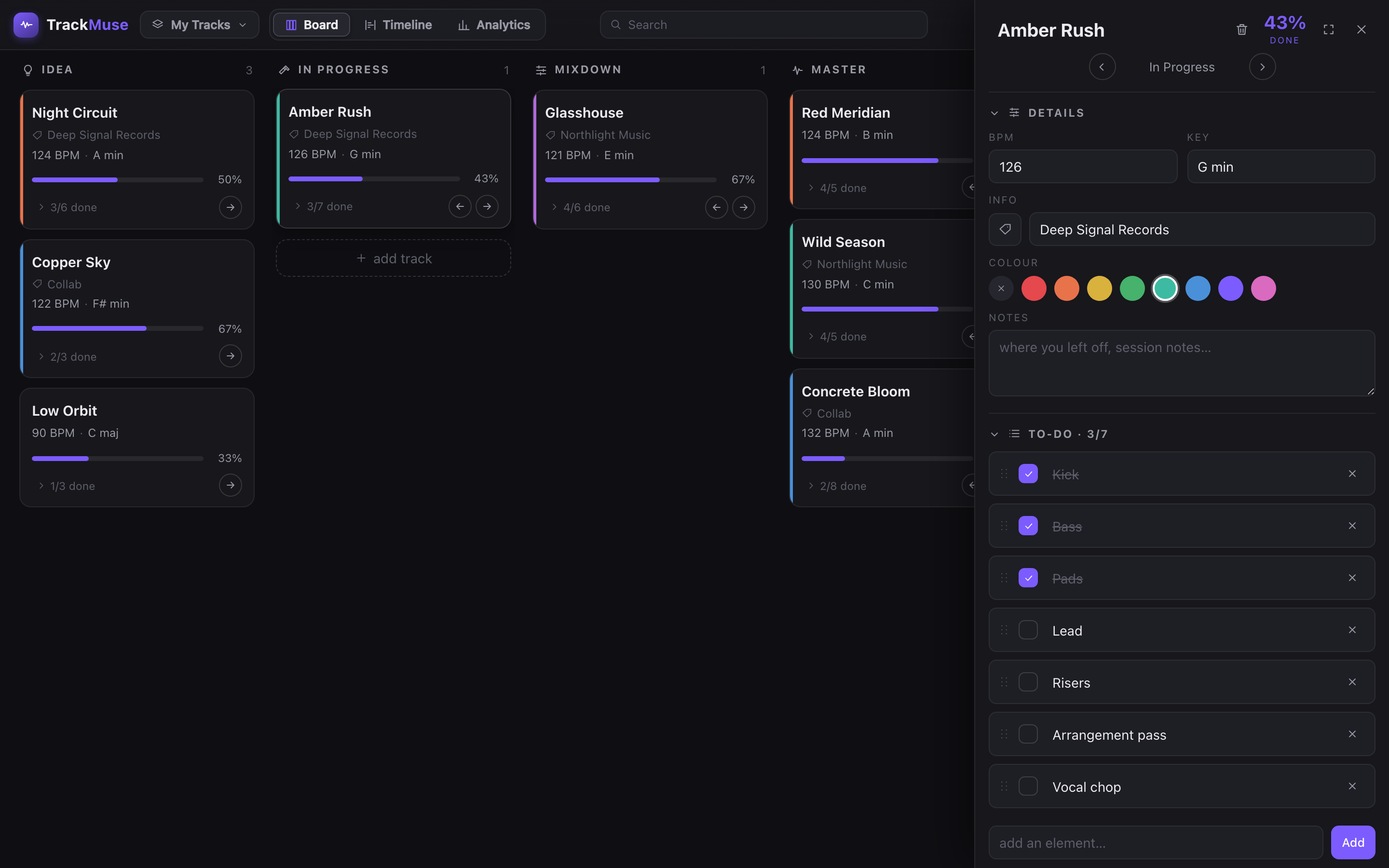 TrackMuse track panel with to-do checklist, BPM and key fields, Idea Drop uploads and timestamped mix notes